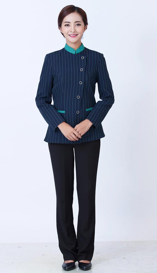 藍(lán)色條紋女保潔員工作服長袖定做款式展示圖