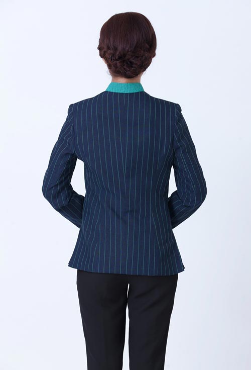 藍(lán)色條紋女保潔員工作服長袖定做背后款式展示圖