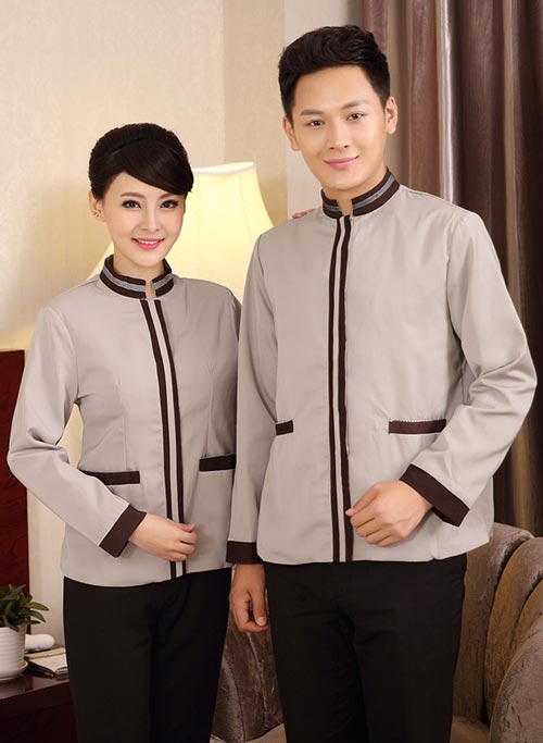杏色男、女式長(zhǎng)袖保潔工作服定做款式